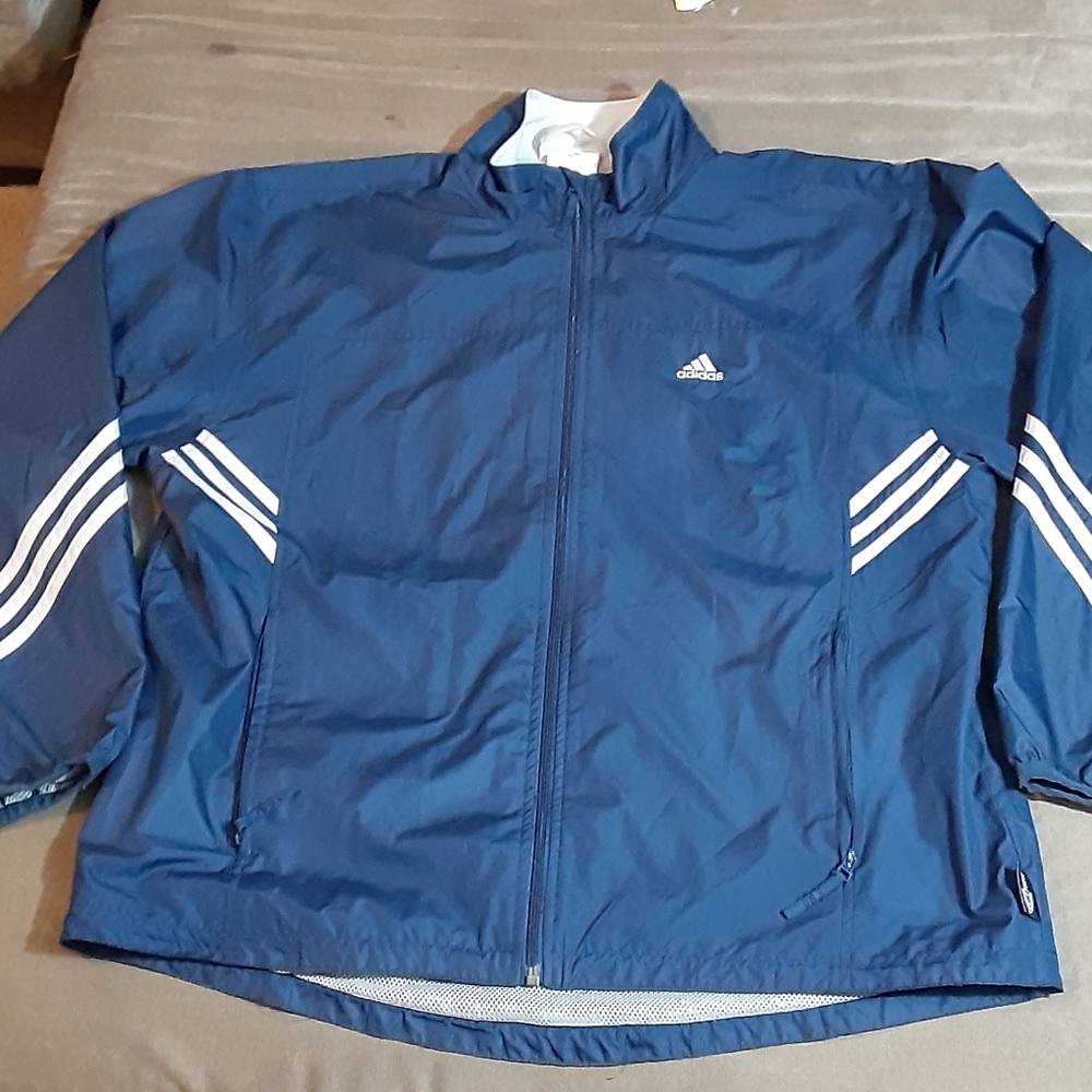 Adidas Men's Windbreaker Jacket Size M   White Stripe Navy Blue Euc Vintage